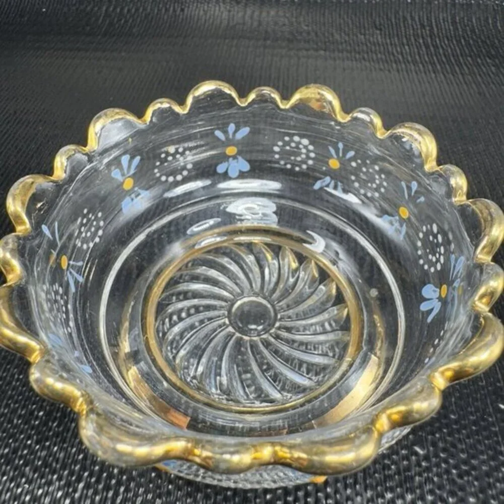 Antique Enameled Paint‎ Glass Bowl Dish Gold Painted Edge Manganese 365nm Set 4